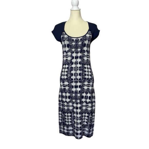 Carmen Marc Valvo Navy Blue & White Knit Sheath Midi Dress Women's Size Small - Picture 1 of 16